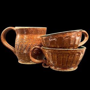 Mug Teacups Set Miamado Sandstone Studio Art Pottery Brown Green Stamped
